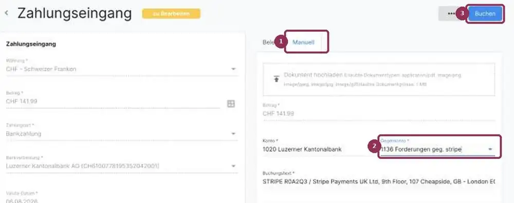 Stripe in AbaNinja verbuchen: Auszahlung im Register Manuell auf das Verrechnungskonto