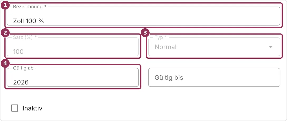 AbaNinja Steuersatz 100 Prozent mit Typ Normal für die Einfuhrsteuer