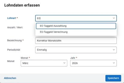 EO-Entsch&auml;digung in AbaSalary: Lohndaten erfassen, Lohnart EO-Taggeld Verrechnung w&auml;hlen