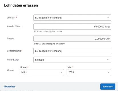 EO-Entsch&auml;digung in AbaSalary: Maske EO-Taggeld Verrechnung mit Anzahl / Wert in Tagen und Ansatz in CHF